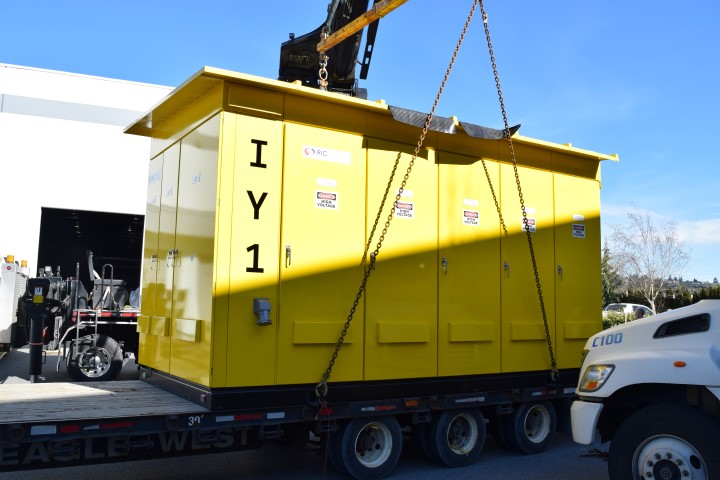 Loading 15kV switchgear to the Roberts Bank container terminal at Deltaport.