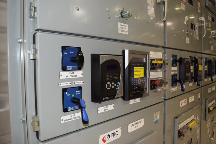 5kV, 1200A metal clad, arc resistant switchgear front doors with GE metering and relays.