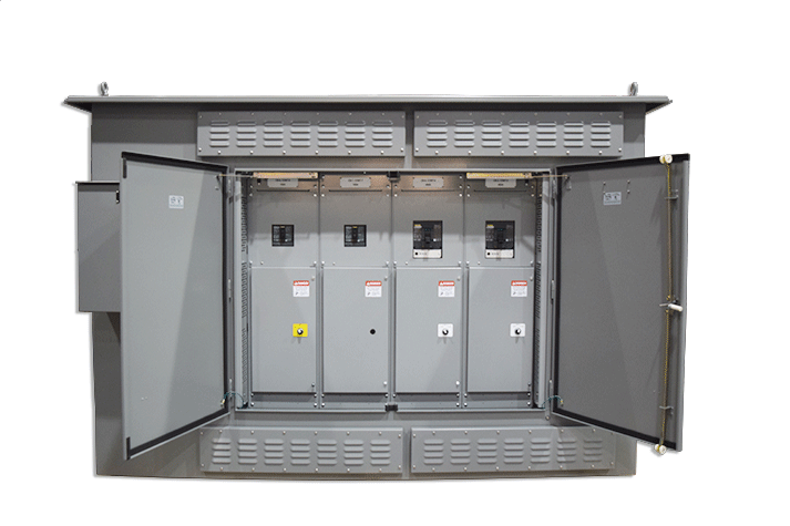 Front view of 480V 1600A switchgear with opened doors